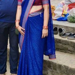 Blue Saree With Stitches Blouse 💙