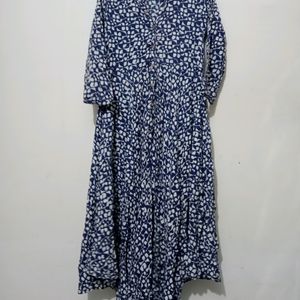 Women Front Button Blue Print Dress