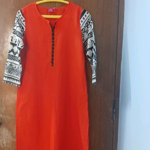 Dark Orange Sleeve Printed Kurta