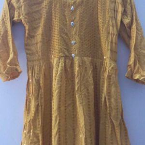 Yellow Short Anarkali Kurti With Printed