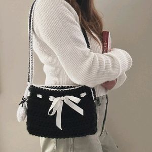 Crochet White Ribbon Black Sling Bag