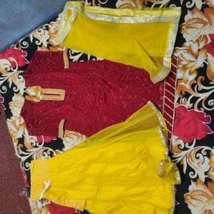 Yellow,Mehroon Sharara Haldi Suit