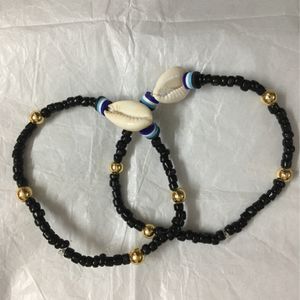 EVIL EYE FEMO BEAD& Shell Charm Anklets Pair