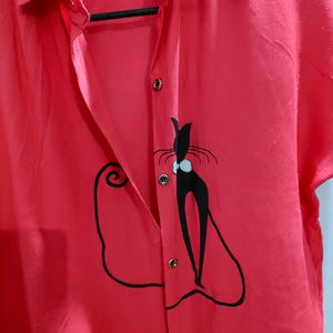 Red Colour Shirt With Cat