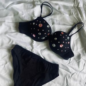 Black Padded Stoned Bra