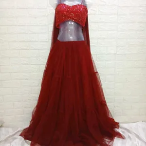 Threadwork Red Sleevesless Lehenga Choli