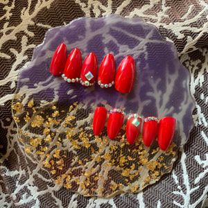 Red Rhinestones Press On Nails