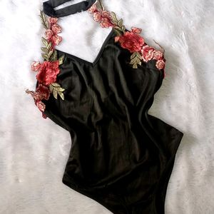 Flower Applique Beautiful Bodysuit With Deep Back