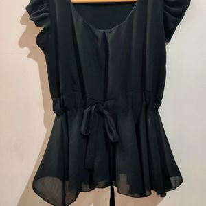 Jet Black 🖤 Cinched Waist Blouse with Tie