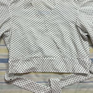 V Neck Polka Dot Front Tie Up Flared Sleeve Top