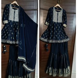 Festive Women Blue Thread Embroidery Printed Suit