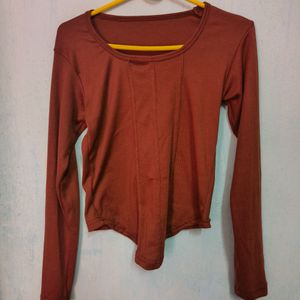 brown fitted round neck ribbed full sleeve top