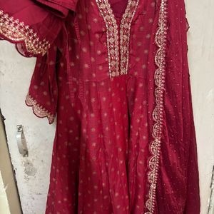 BEAUTIFUL RED ANARKALI SUIT SET WITH DUPATTA PANT