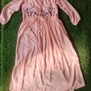 Long Sleeve Floral Embroidered Fit And Flare Dress