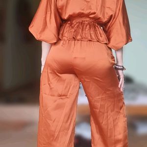 Rust Color Satin Kaftan Top Co-ord Set