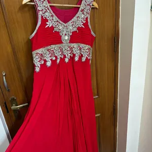 Red Long Flared Gown With Heavy Embroidery