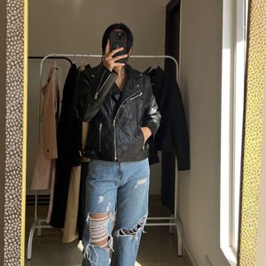 Black Solid Faux Leather Jacket