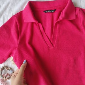 Pink Fitted Polo Tee Cropped