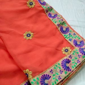 Coral Peace Embroidered Saree With Blouse Piece