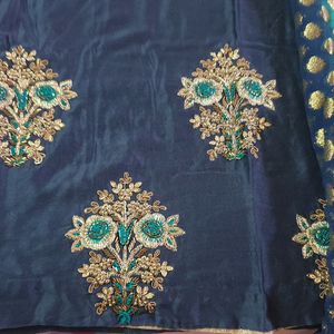 Fine Work Blue Kurta Set With Brocade Dupatta