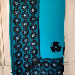 Embroidered Teal Blue Saree With HD Border