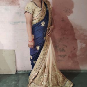 2 Color Saree. Navy Blue and Cream Saree