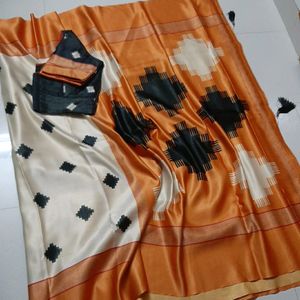 Cream White Orange Saree Black Blouse Stiched