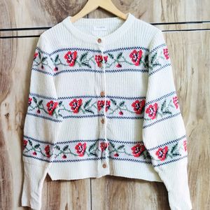 Off White Floral Design Cardigan Size-42