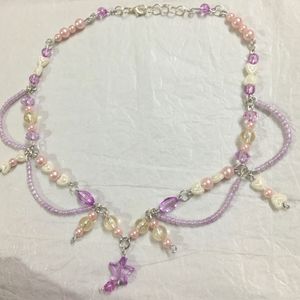 Fairy Purple crystal&Pink Bead Loop Necklace