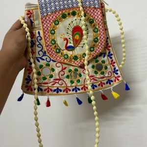 Off White Peacock Mirror Embroidered Sling Bag