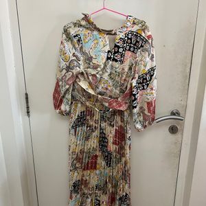 Printed Balloon Sleeve Midi Dress With Belt