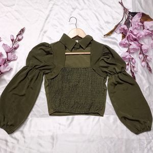 Sap Green Crop Top with collar