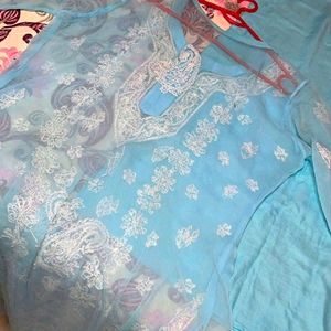 Sky Blue Chikankari Kurti With Inner