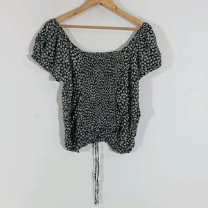 Black Printed Casual Ruched Top (Women)