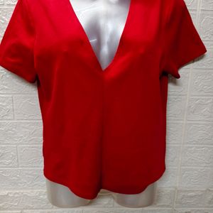 "Fiery Elegance: Red Hot Deep Neck Top