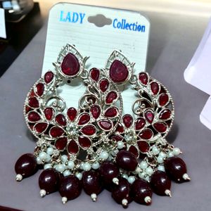 Maroon And Silver Traditional Earrings