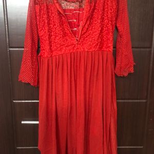 Hot Red Net Frock With Pearls Work