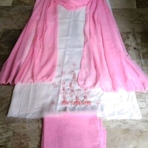 3 piece cotton embroidery pink&white suit(unstitcd