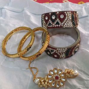 Combo Of Two Golden Bangles, One Bracelet And Kada