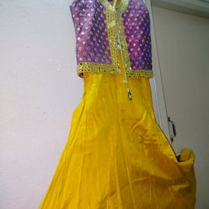 Mustard Yellow Gown With Mirror Work Over Coat