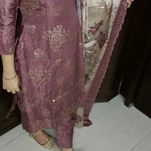 Women Mauve Thread Sequence Embroidered Suit Set