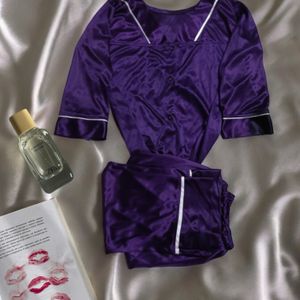 Cozy Satin Dark Purple Night Suit For Women