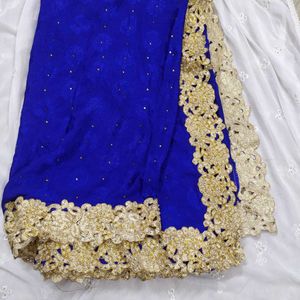 Royal Blue Saree With Golden Border(Without Blouse