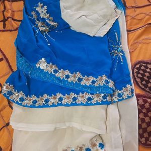 Sky Blue And Cream Color Saree With Blouse