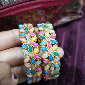 Pack Of 2 Multicolored Stone Metal Bangles