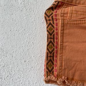 Orange Embroidered Denim Shorts