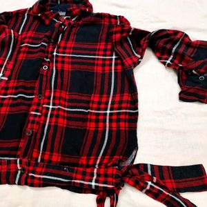 Trendy Crop Checked Shirt With Side Knot