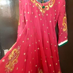 Beautiful ROSE PINK & GREEN LONG ANARKALI KURTA