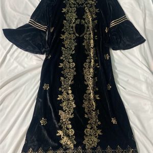 Black Velvet Foil Print Flared Sleeve Kurta