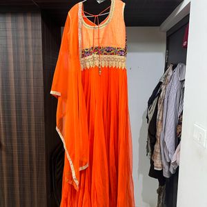 Orange Traditional Gown With Dupatta